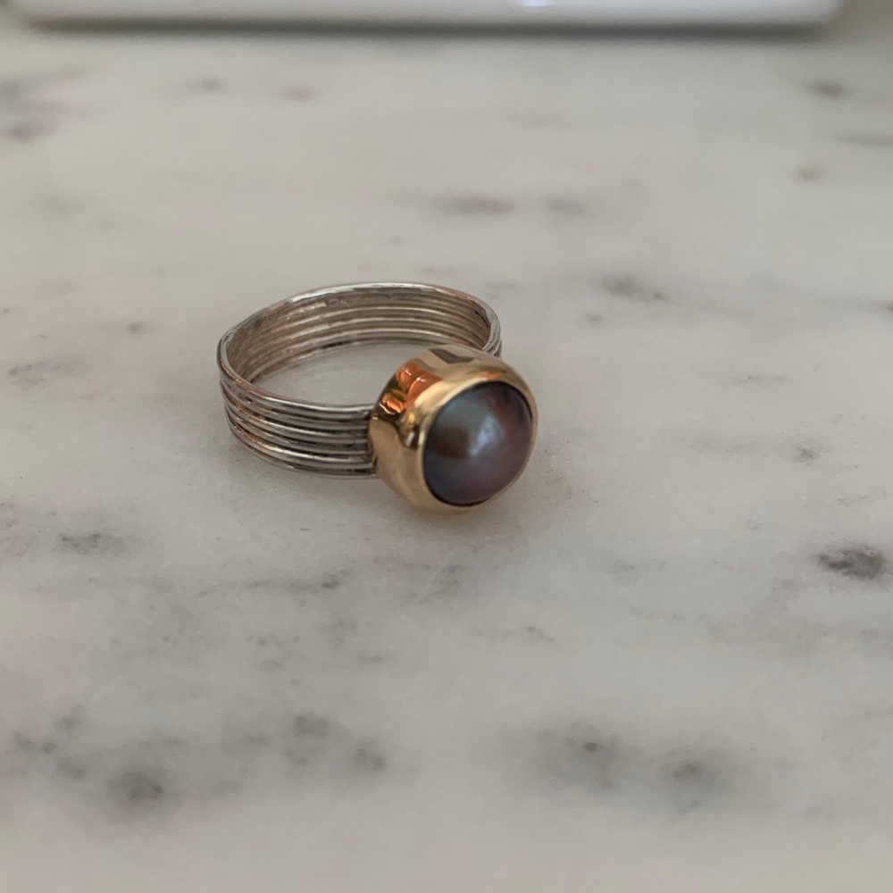 Elegant Sterling Silver and 14k Gold Tahitian Pearl Ring